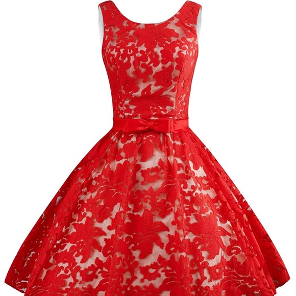 Red Vintage Floral Lace Dress With Contrast Bow - Picture 1 of 7